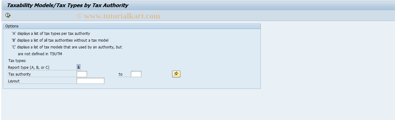 SAP TCode P000_M10_TMODEL - Taxability models/tax types by auth.