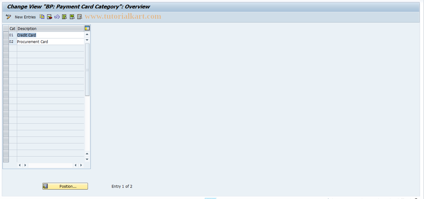 SAP TCode PACC3 - Maintain payment card category