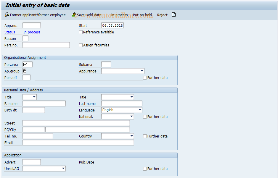 SAP TCode PB10 -  Initialize entry of applicant master data
