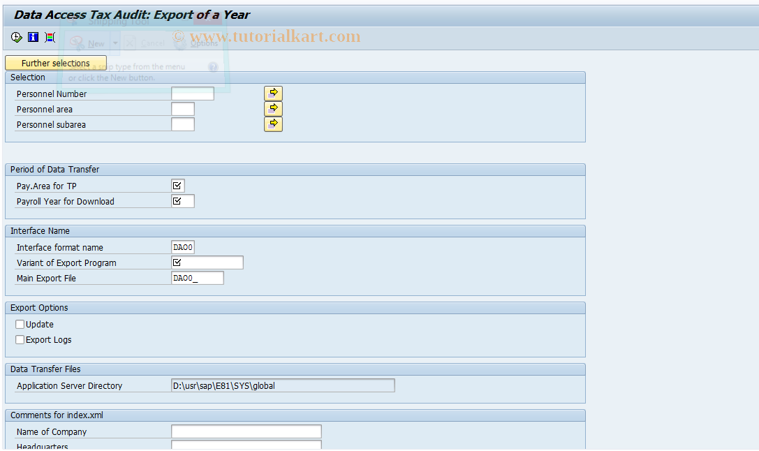 SAP TCode PC00_M01_RPCAOPD0 - Data Access Tax Audit: Export