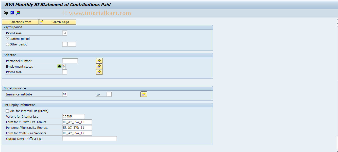 SAP TCode PC00_M03_CBVAA1 - SI Contribution Statement BVA (A)