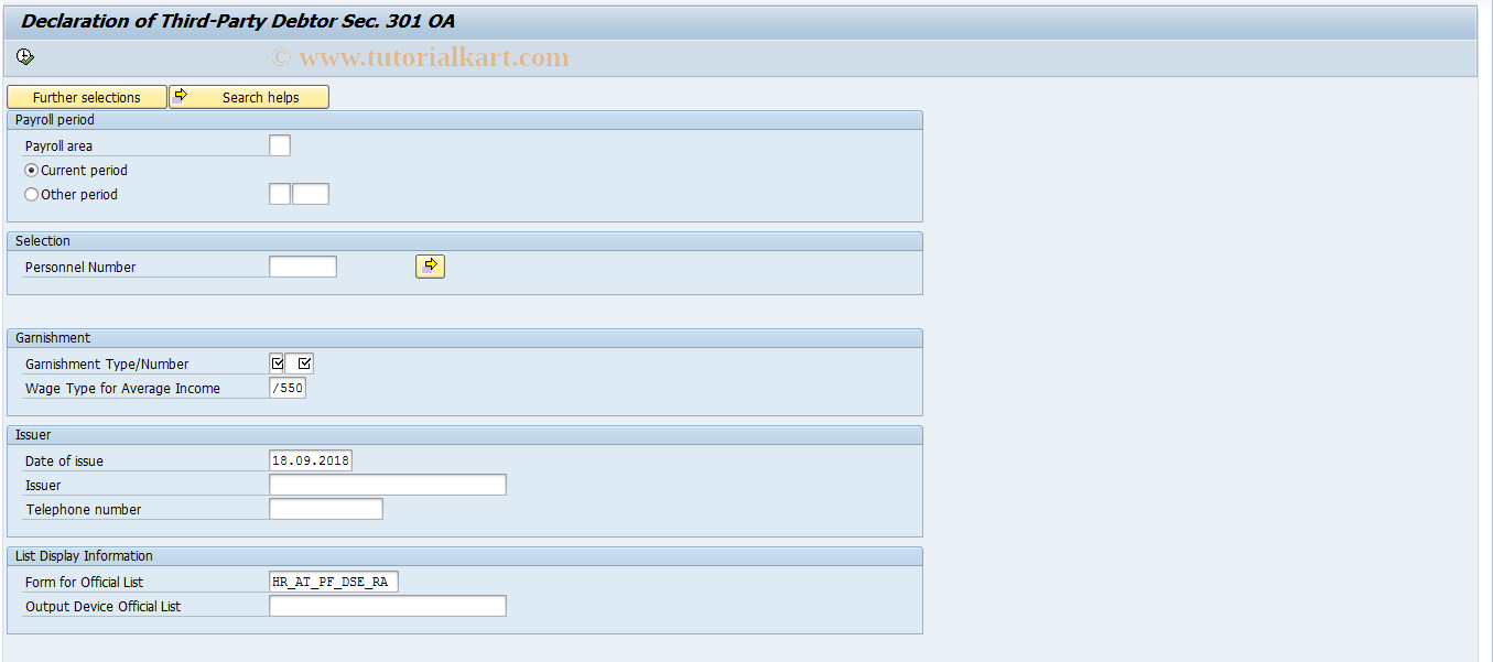 SAP TCode PC00_M03_CPDRA0 - Third-Party Debtor Decl. Sec. 301 AO