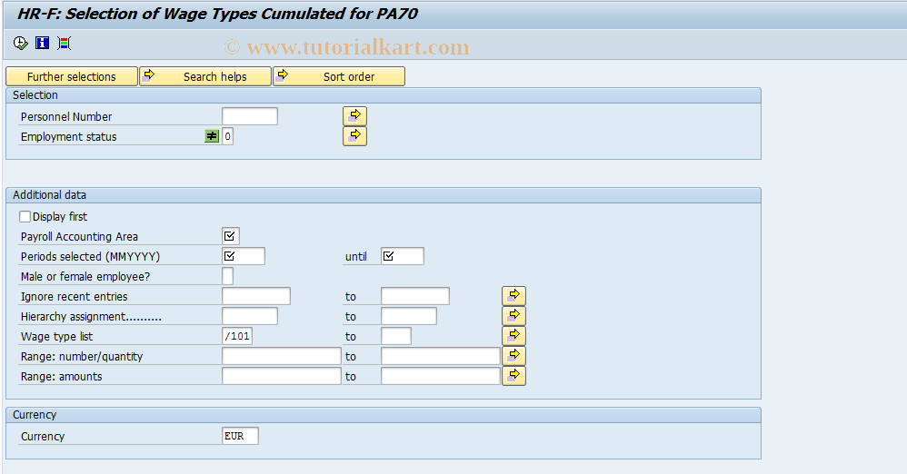 SAP TCode PC00_M06_RPCRUCF1 - Cumulated Wage Type Selection PA70