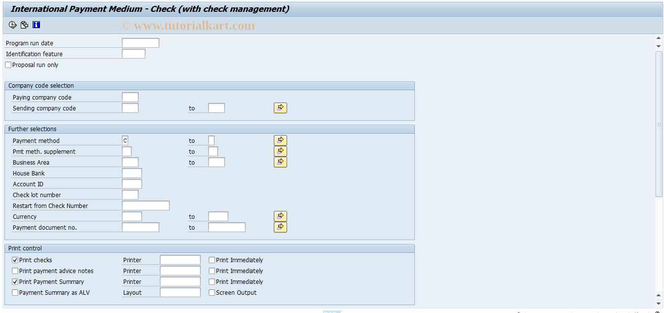 SAP TCode PC00_M07_FFOC - Payroll Transfer - Check Printing 07