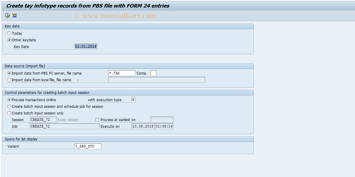 SAP TCode PC00_M09_CC72 - Import and Create Tax Infotypes