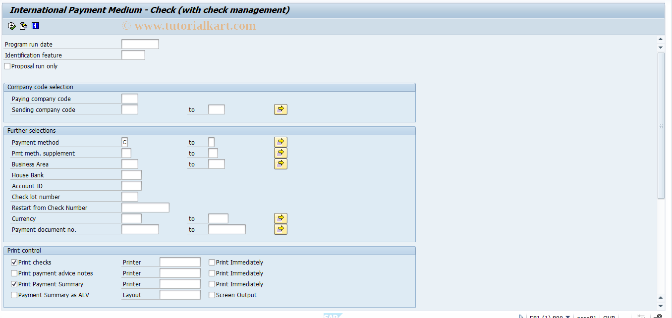 SAP TCode PC00_M10_FFOC - Payroll Transfer - Check Printing 10