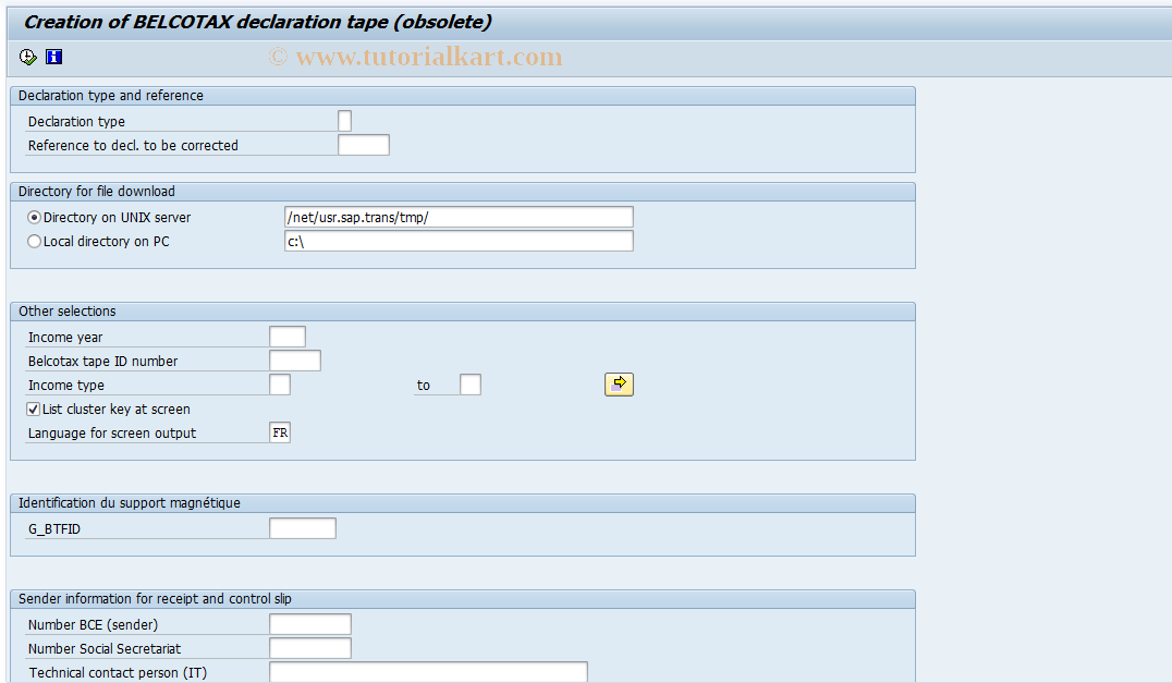 SAP TCode PC00_M12_CTXB - Creation Belcotax Declaration Tape