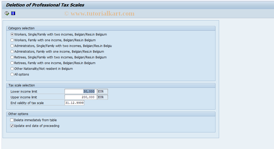 SAP TCode PC00_M12_CTXD - Deletion professional tax scales