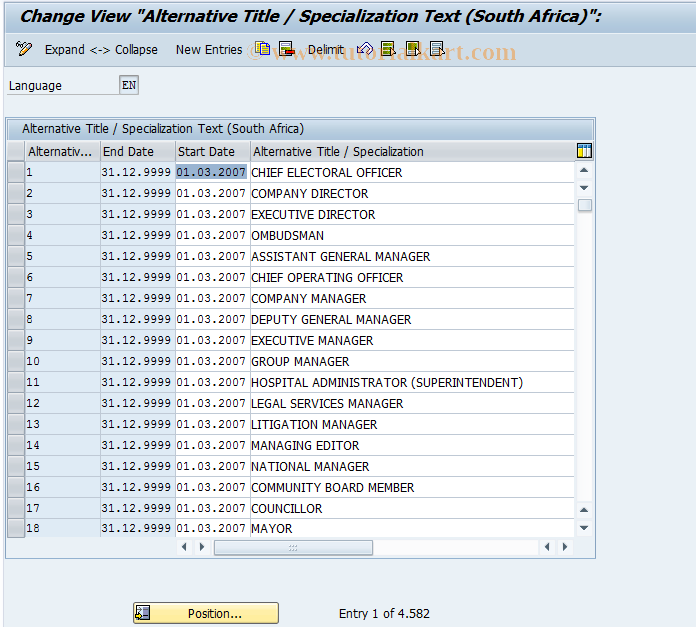 SAP TCode PC00_M16_T5WOCT - Alternat. Title/Specialization Text