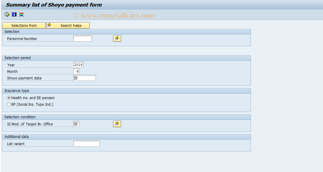 SAP TCode PC00_M22_CSHA - Summary list of Shoyo payment form
