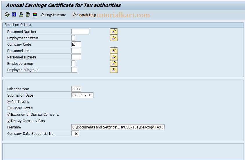 SAP TCode PC00_M45_TAX1 - Annual Earnings Certificate for Tax