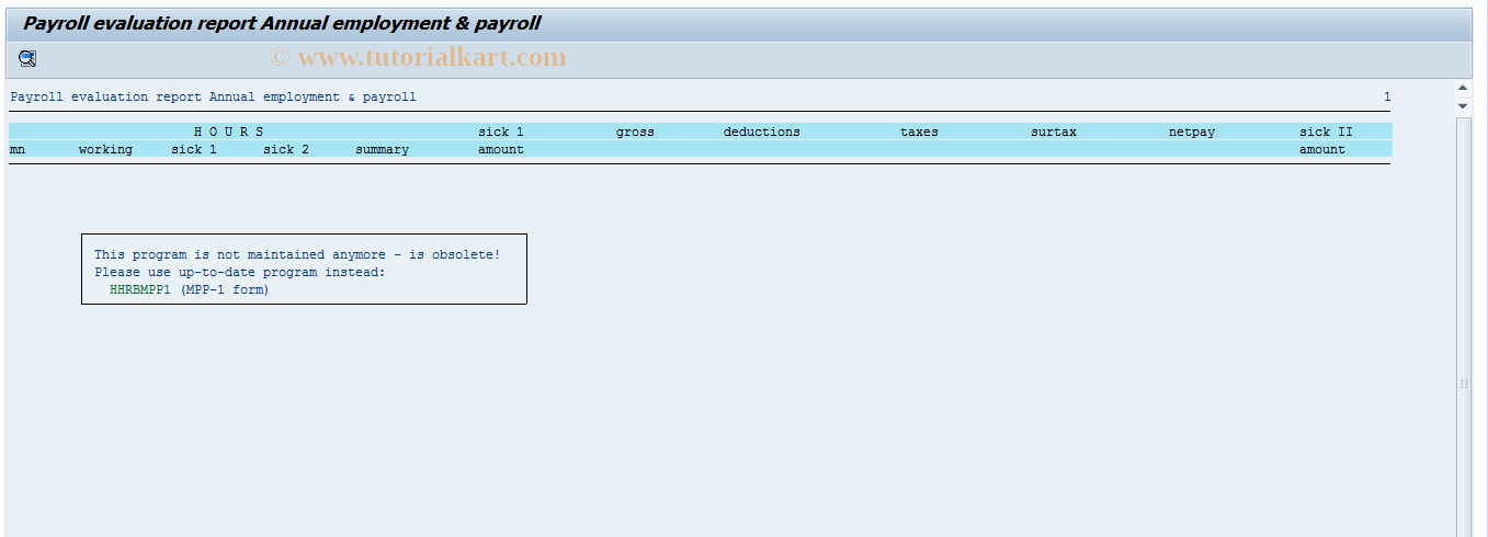 SAP TCode PC00_M58_RXM4R - Payroll Evaluation Report Annual emp