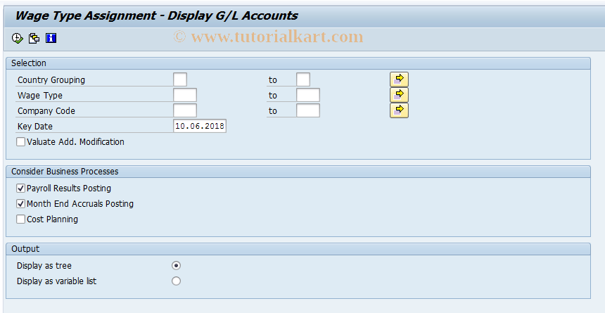 SAP TCode PC00_M99_DKON - Assign WTS- Display G/L Accounts