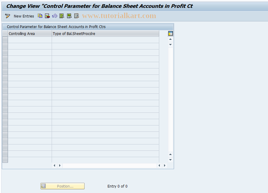 SAP TCode PCA_BILA - Customizing: Bal. Sheet Accounts in PCs