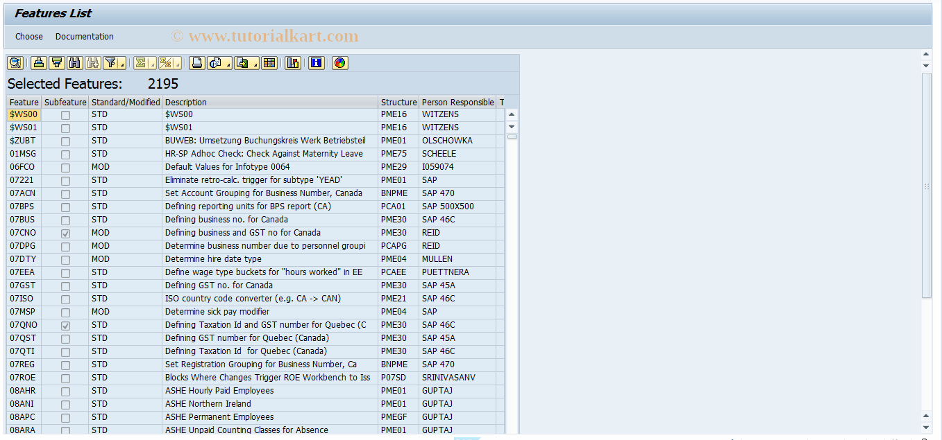 PE03 SAP Tcode HR Features Transaction Code