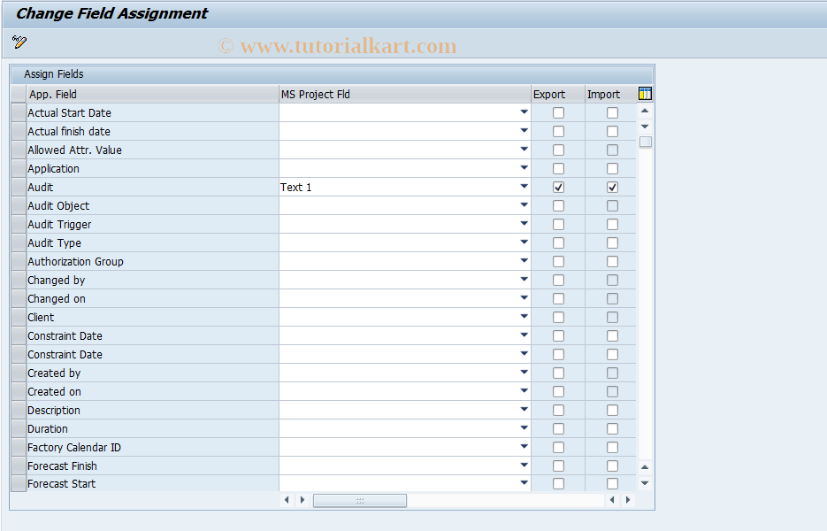 SAP TCode PLMC_AUDIT_MAPPING - Customizing Field Assignment MS Proj