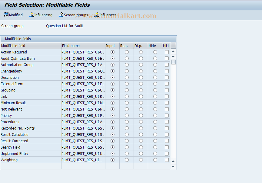 SAP TCode PLMC_AUDIT_SFAC_AQN - Field Selectn:Audit Questn List/Item