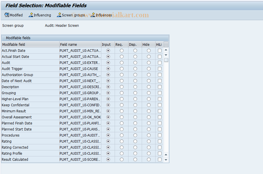 SAP TCode PLMC_AUDIT_SFAC_AUO - Field Selection: Audit