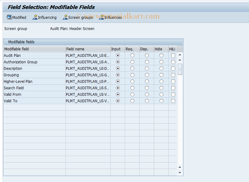 SAP TCode PLMC_AUDIT_SFAC_AUP - Field Selection: Audit Plan