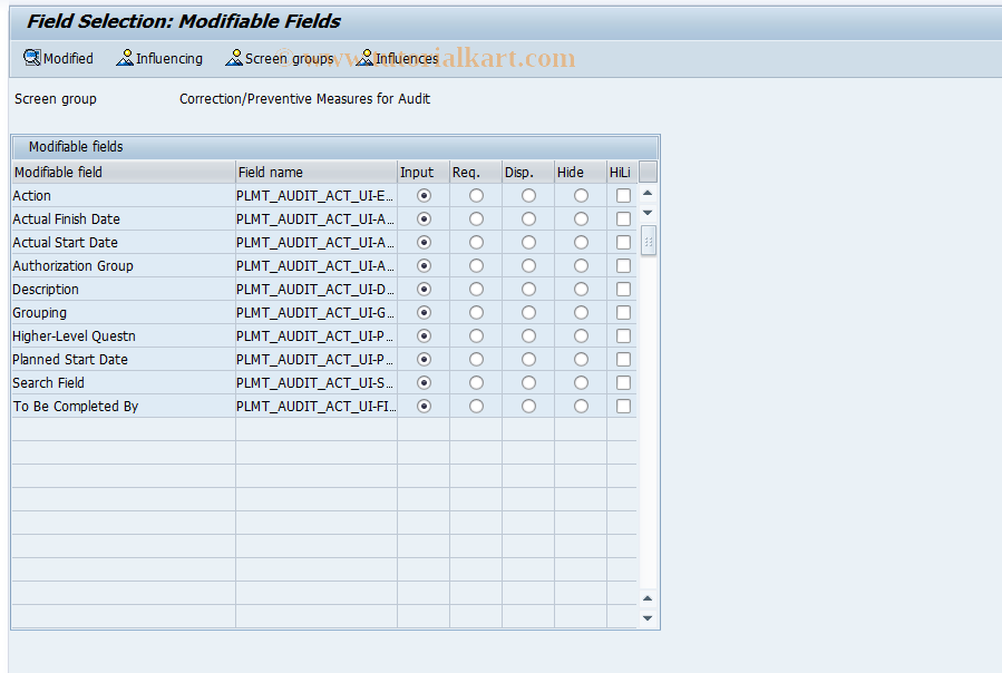 SAP TCode PLMC_AUDIT_SFAC_COR - Field Selectn: Audit Corrective Actn