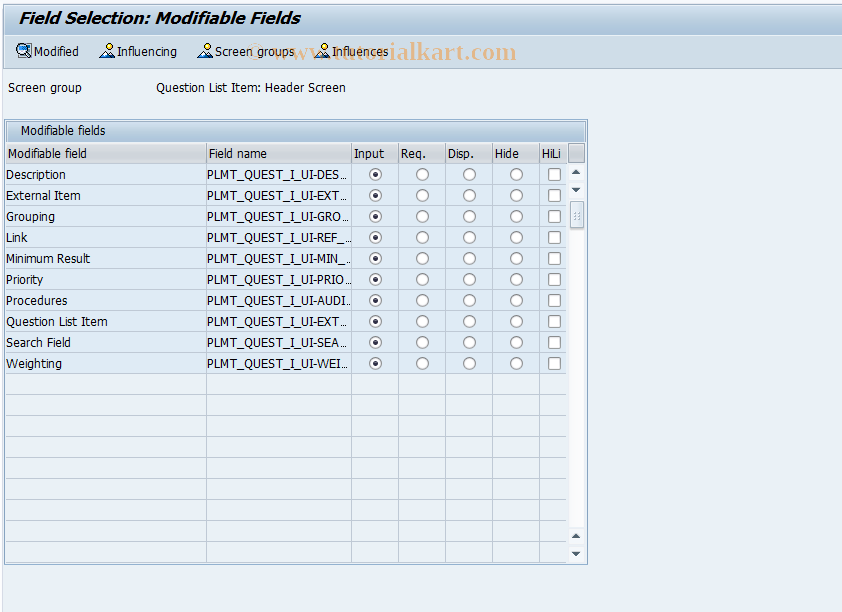 SAP TCode PLMC_AUDIT_SFAC_QUE - Field Selectn: Audit QuestnList Item