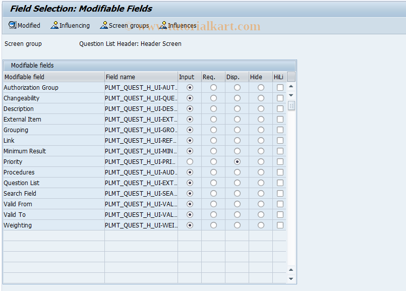 SAP TCode PLMC_AUDIT_SFAC_QUN - Field Selection: Audit Question List