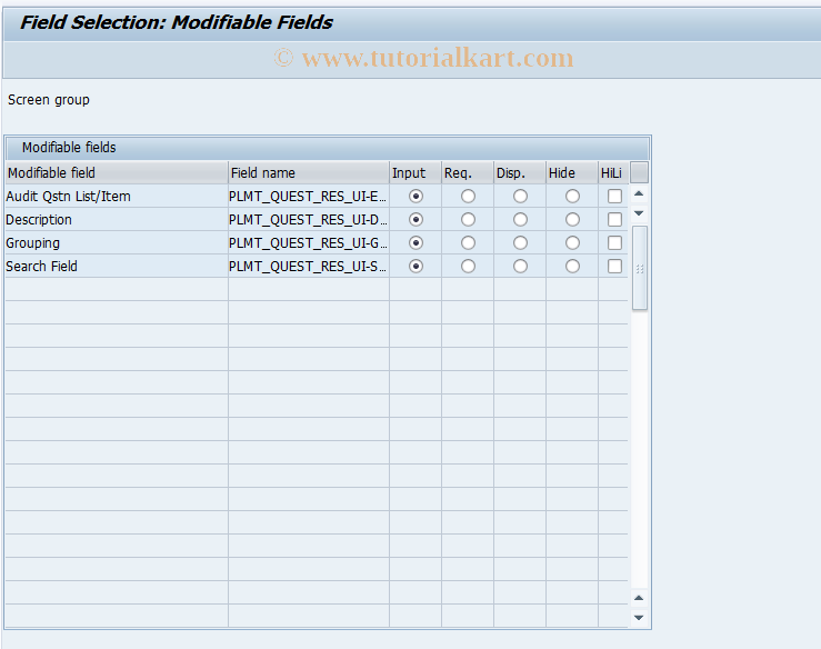 SAP TCode PLMC_FMEA_SFAC_AQN - Field Selection: FMEA List Items