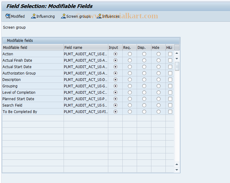 SAP TCode PLMC_FMEA_SFAC_COR - Field Selection: FMEA Measure