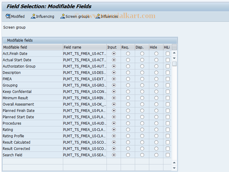 SAP TCode PLMC_FMEA_SFAC_FMA - Field Selection FMEA