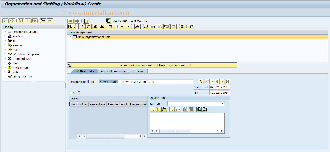 SAP TCode PPOCW - Create Organizational  and Staffing (WF)