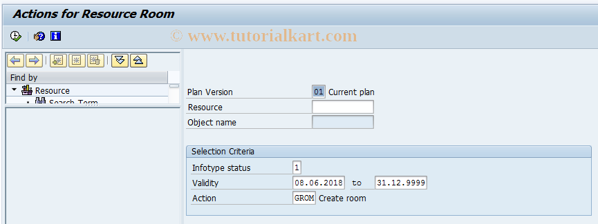 SAP TCode PQ18 - Actions for Resource Room