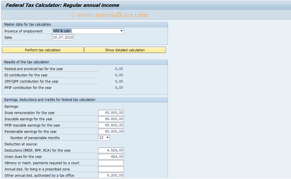 SAP TCode PTKC_ANU_PAY_FED - Federal Tax Calculator: Annual