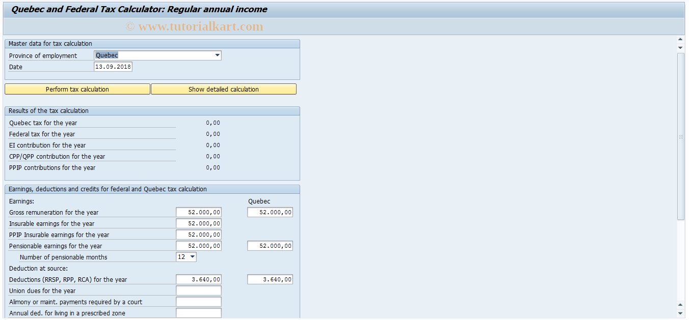 SAP TCode PTKC_ANU_PAY_QC - Quebec Tax Calculator: Annual