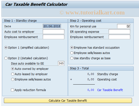 SAP TCode PTKC_CAR - Car Taxable Benefit Calculator