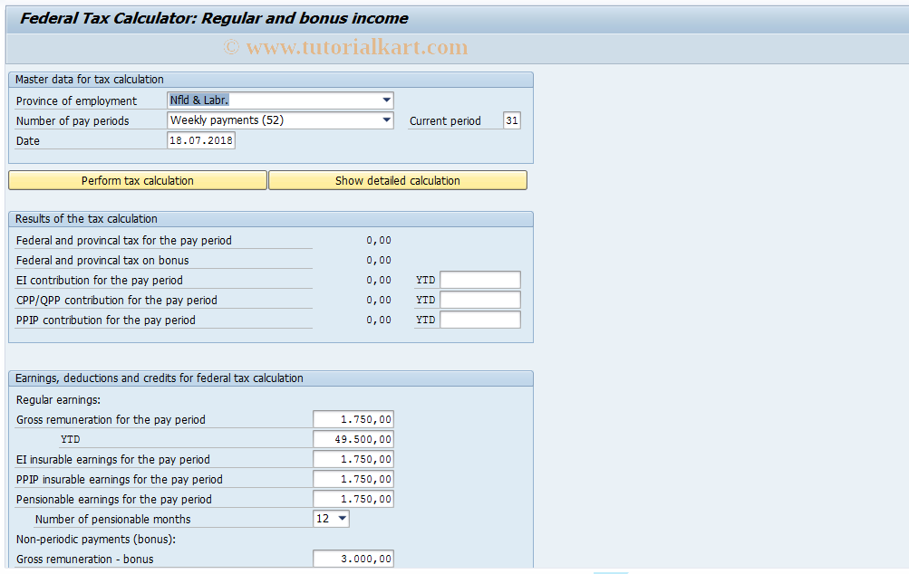 SAP TCode PTKC_NONREG_PAY_FED - Fed. Tax Calculator: Regular/Bonus