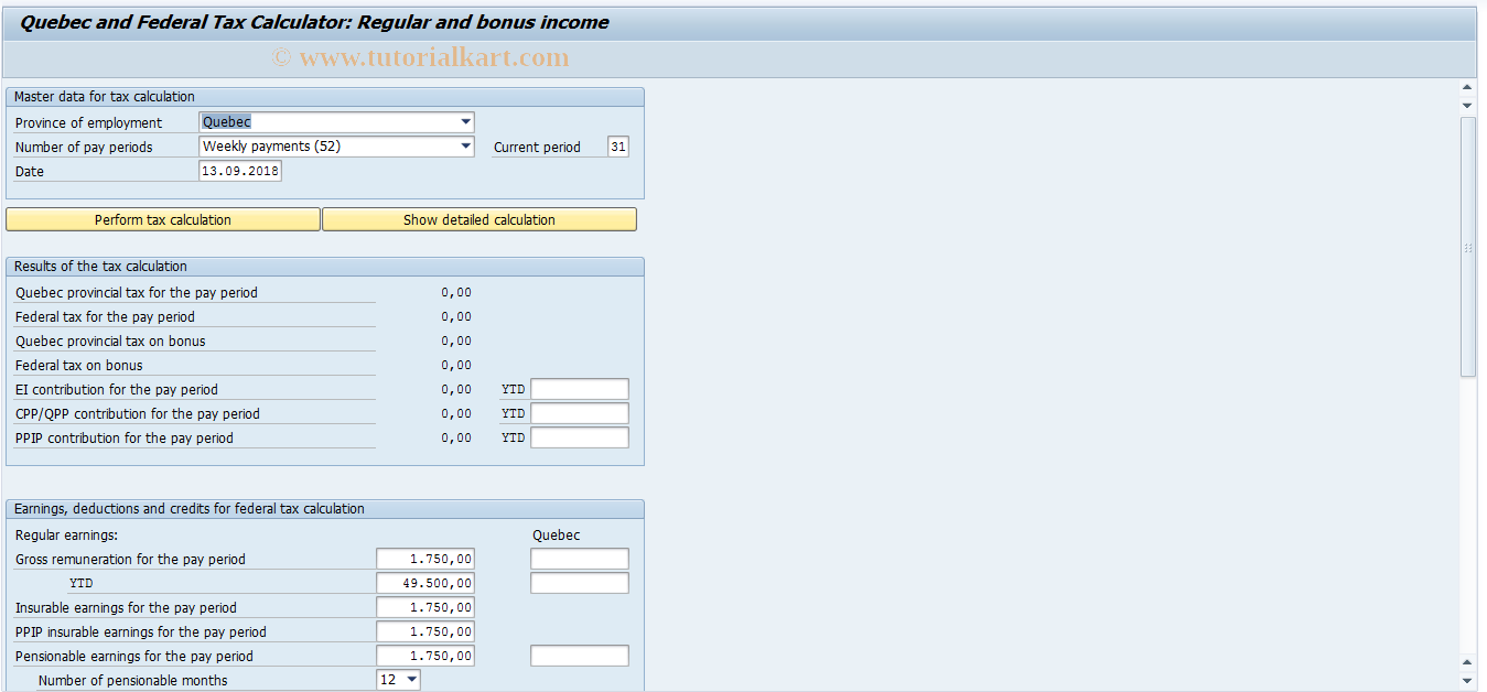 SAP TCode PTKC_NONREG_PAY_QC - QC Tax Calculator: Regular/Bonus
