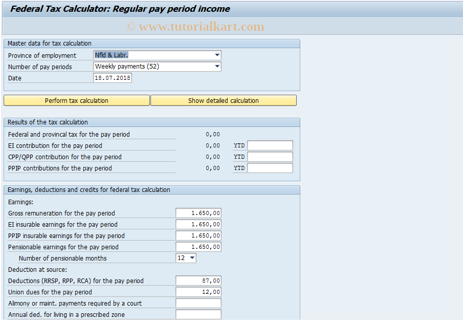 SAP TCode PTKC_REG_PAY_FED - Federal Tax Calculator: Pay period