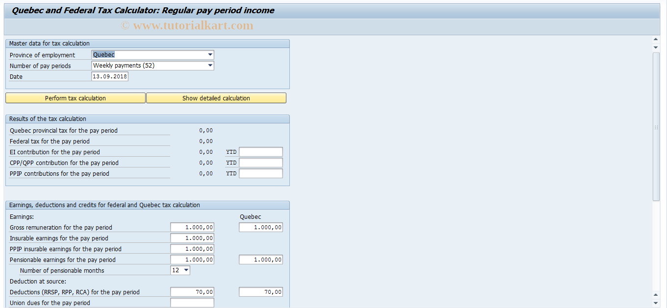 SAP TCode PTKC_REG_PAY_QC - Quebec Tax Calculator: Pay period