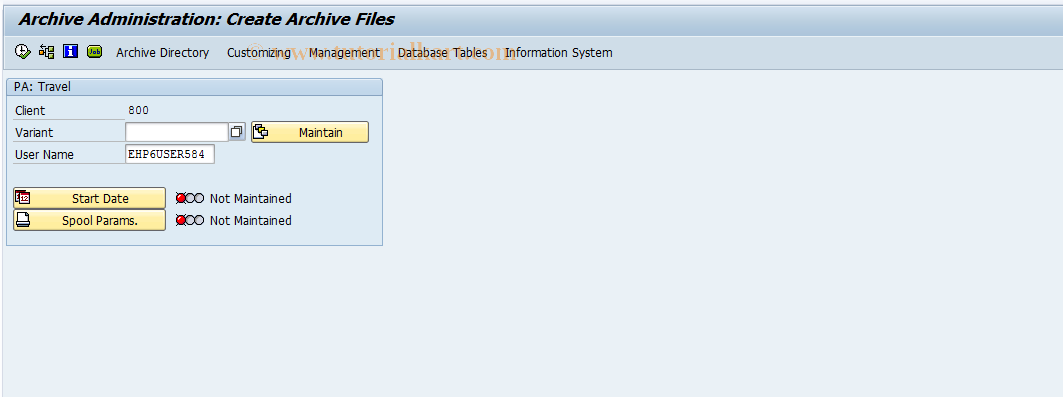 SAP TCode PU25 - SARA Parameters Set For PA_TRAVEL