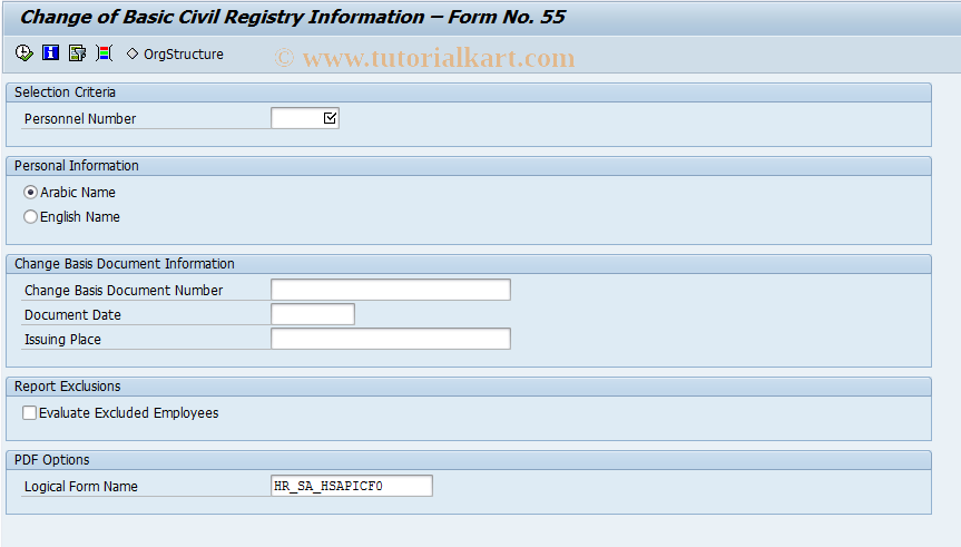 SAP TCode PY_SA_HSAPICF0 - Change of Basic Civil Registry Infor