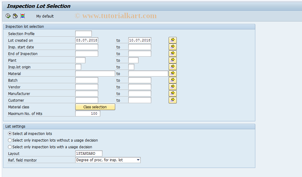 SAP TCode QA33 - Display data for inspection lot