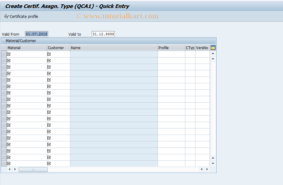 certificate profile material assignment table in sap