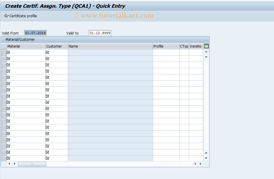 SAP TCode QC15 - Create certificate profile assignment