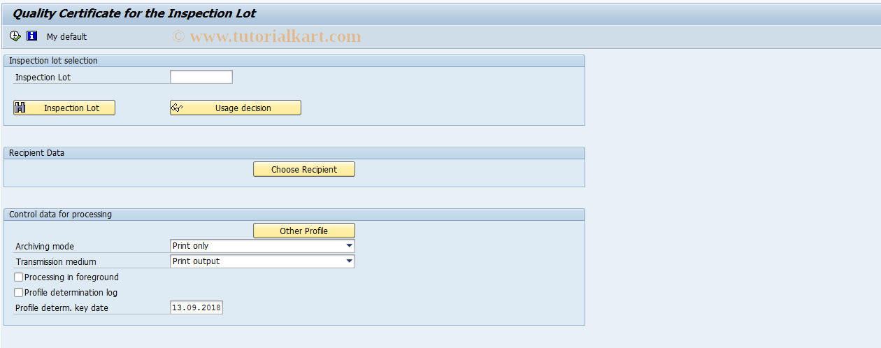 SAP TCode QC21 - Quality certificate for the inspection lot