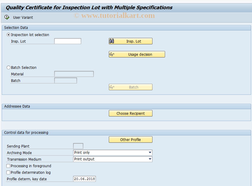 SAP TCode QCMS - Certificate for Inspection Lot w. MS
