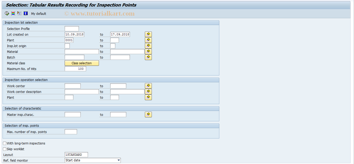 SAP TCode QE71 - Tabular res. recording for inspection pts