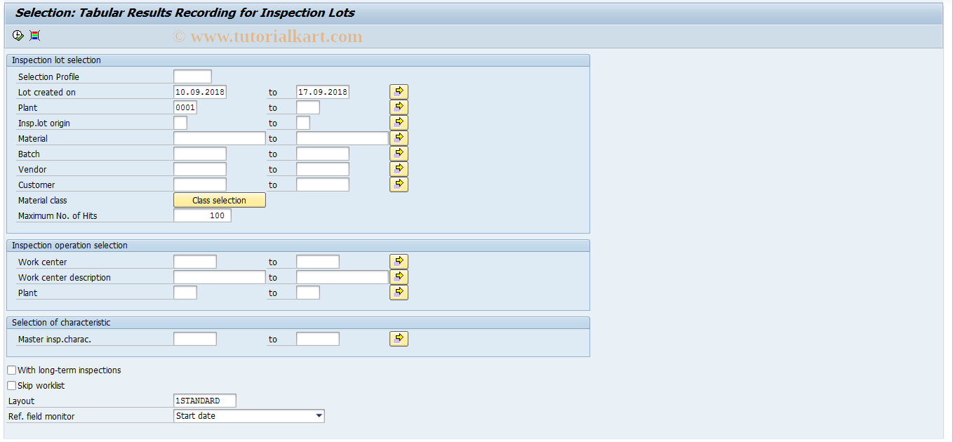 SAP TCode QE72 - Tabular Results Record for Insp. Lots