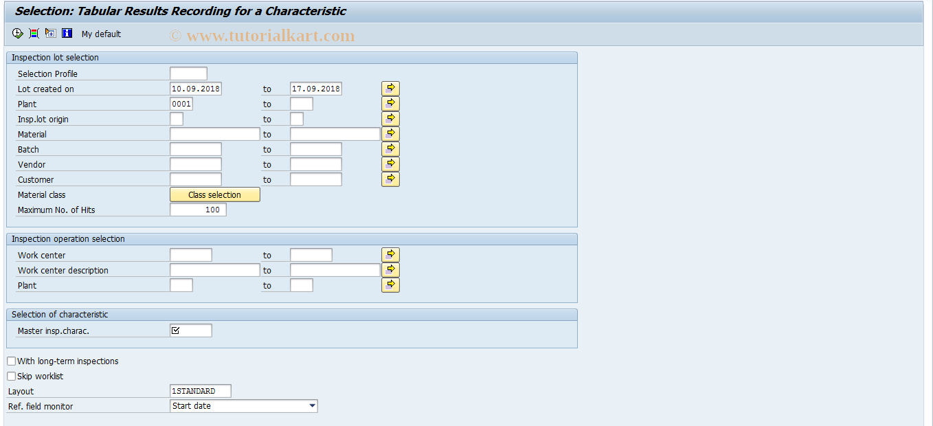 SAP TCode QE73 - Tabular res. recording for characs.