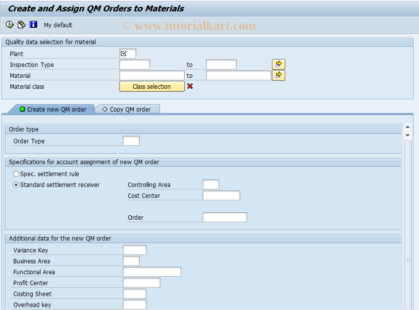 SAP TCode QK01 - Assign QM order to material