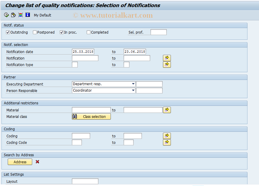 SAP TCode QM10 - Change list of quality notifications
